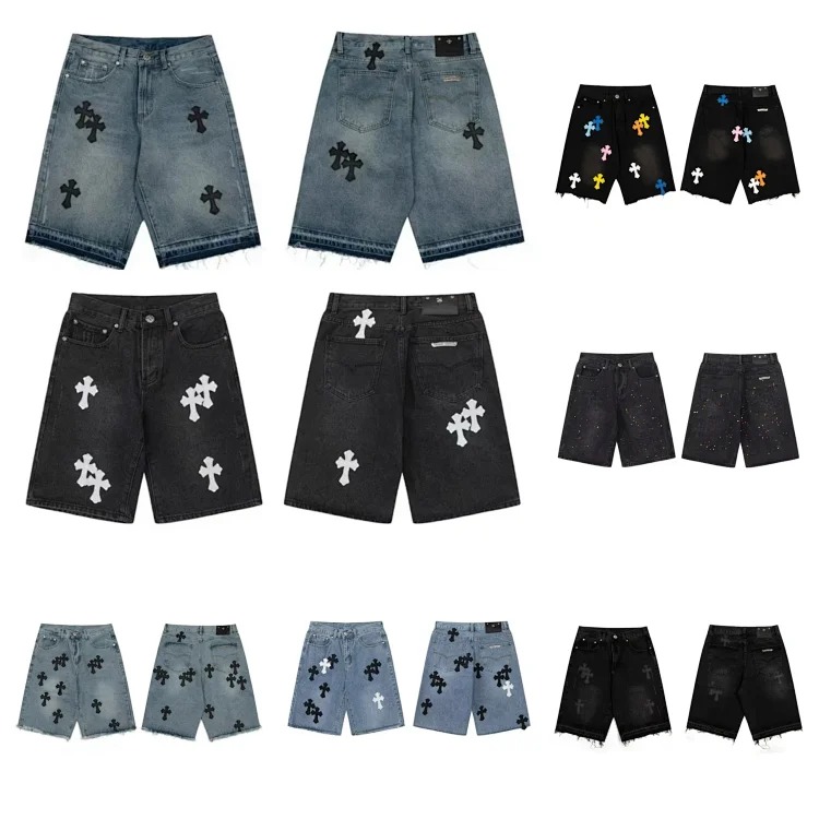 Cross patchwork leather denim shorts